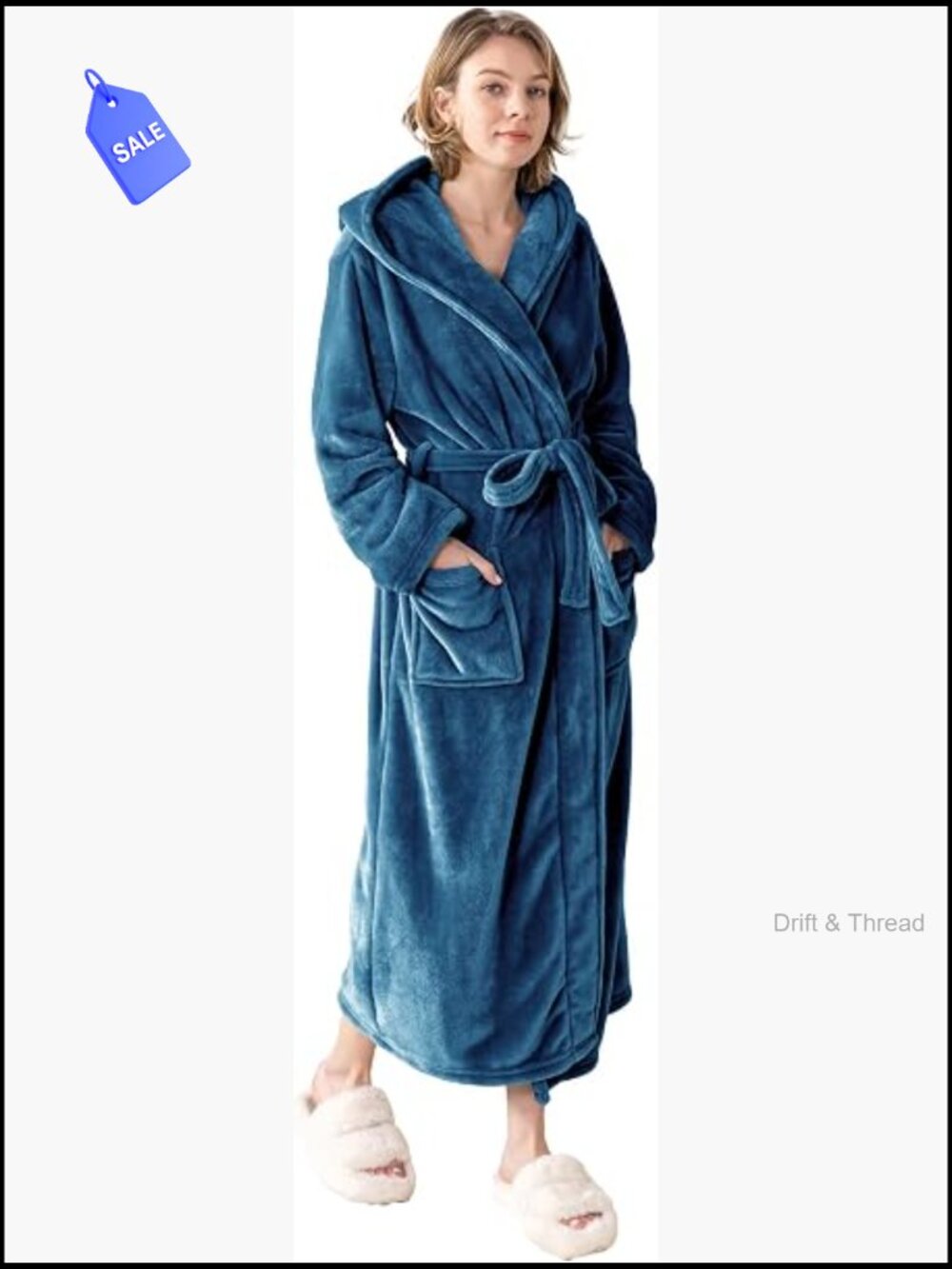 Hooded Plush Fleece Bathrobe with Sash & Pockets, Full-Length Spa Robe